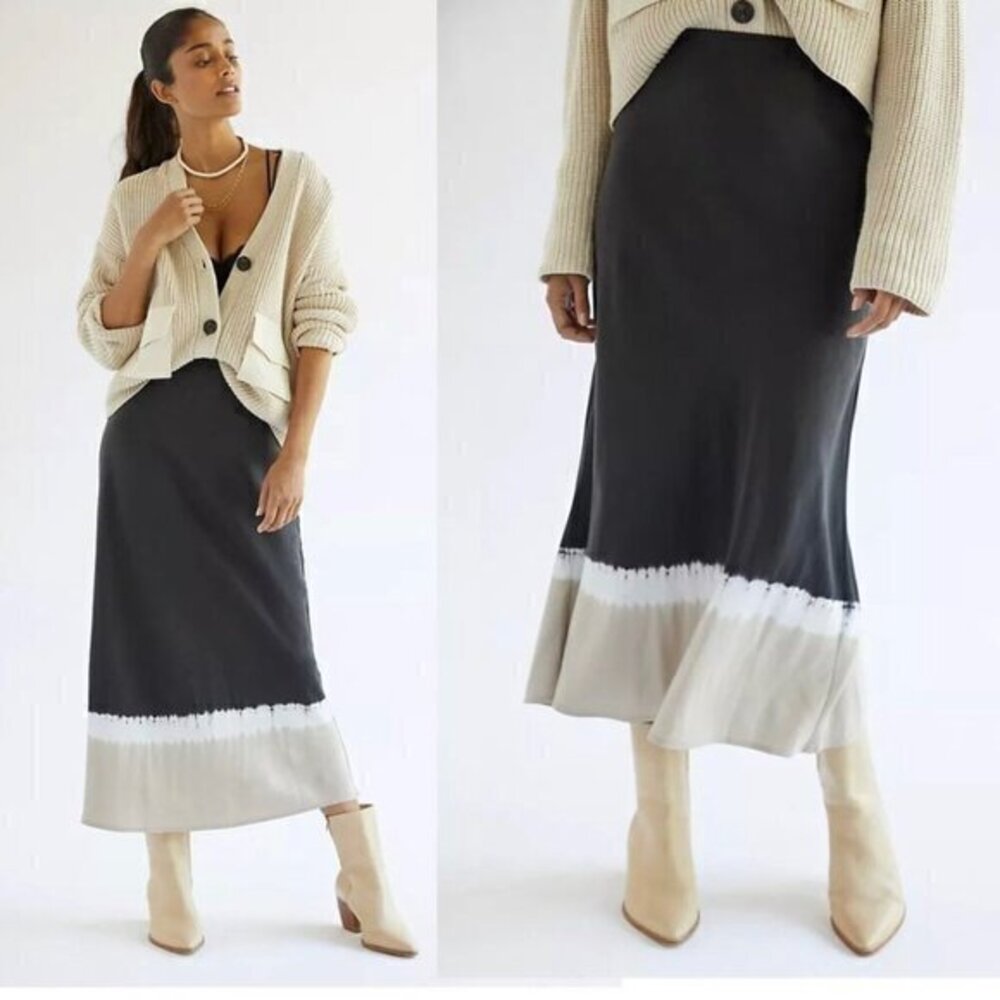 Anthropologie Cloth & Stone Small Tie Dye Midi Skirt Bias Black Tan White Tencel